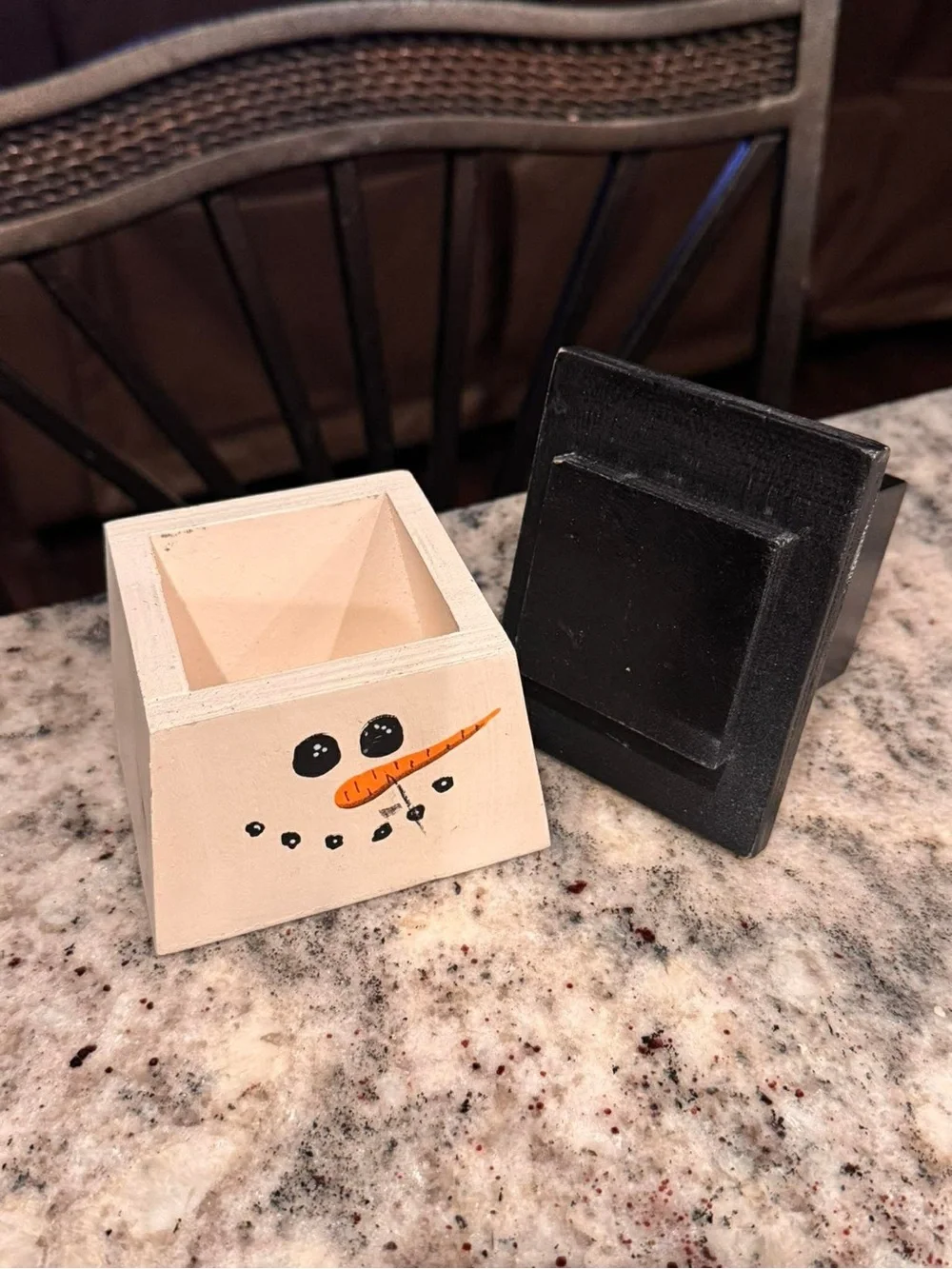 Snowman box Tabletop Decor with Black Hat and Red Plaid Accent 6in tall